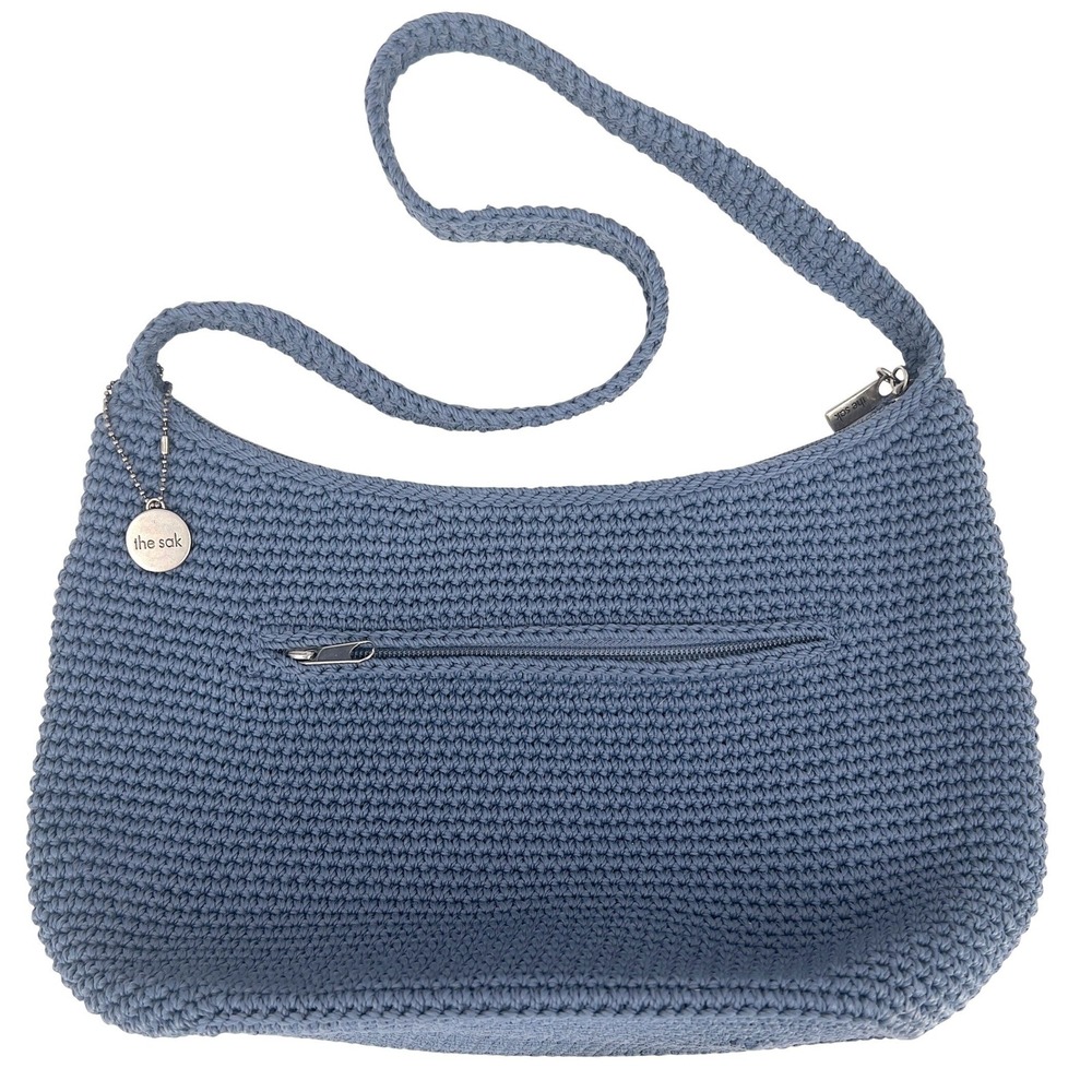 The Sak Womens Shoulder Bag Denim Blue Crochet Boho Hobo Zip Medium Pristine